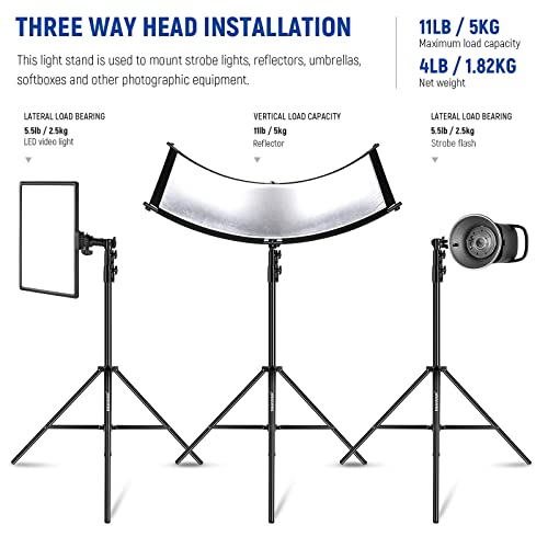 NEEWER 9.2ft/2.8m Air Cushioned Light Stand, Heavy Duty Metal Photography Tripod Stand with 1/4" to 3/8" Reversible Spigot, 3 Way Mounting Interface & Metal Locking Knobs, Max Load 5.5lb/2.5kg | Metal Stand with 1/4" to 3/8" Reversible Spigot, 3 Way Mount