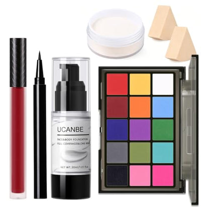 UCANBE Colorful Halloween Makeup Kit – Clown Vampire Witch Zombie Makeup Set for SFX Costume Cosplay with Eyeshadow Palette, White Foundation, Red Lipstick, Black Eyeliner, Setting Powder & Sponges - color: Halloween Makeup Kit