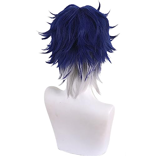 Anime Blue Grey Gradient Wigs Men Short Straight Wig with Side-Part Bangs Layered Haircut Game Salesman Cosplay Wigs Halloween,Christmas,Comic con,Game Show,Party - color: Deep Blue