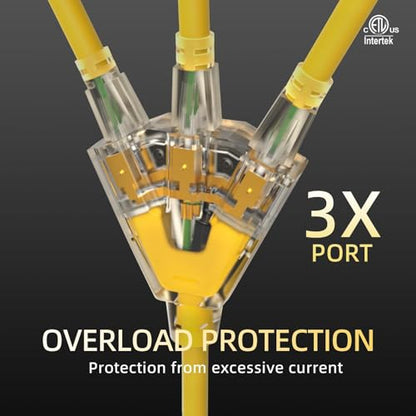 3ft 12/3 Gauge Heavy Duty 3-Outlet Lighted Outdoor Extension Cord ETL | 15A 1875W, pure copper STW waterproof -58°F to 140°F, garage, kitchen, water heater, smart devices, outdoor use, 3-prong