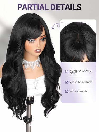 WIGER Black Long Wavy Hair With Bangs, Layered Synthetic Curly Wig Black Wig for Women Daily Party Use, No Lace Cosplay/Music Festival/Carnival/Valentine's Day Wigs - color: Black
