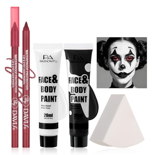 Halloween Makeup Kit for Clown, Black White Face Paint Set for Classic joker Skeleton Looks with Red Eyeshadow Stick, Water-Based Body Paint Set for Cosplay SFX Makeup, Stage shows, Parties - color: Black and White