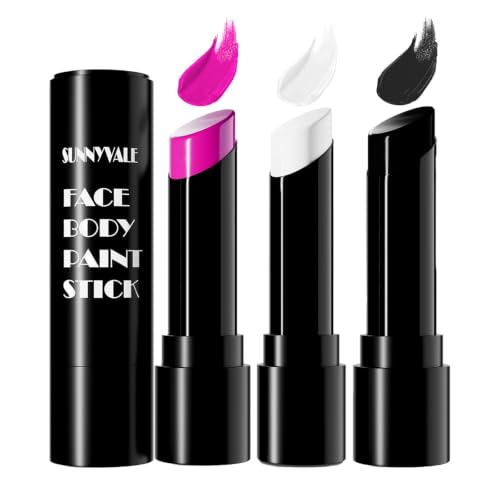 SUNNYVALE 3pcs of Black, White and Pink Facial and Body Painting Sticks, Hypoallergenic Foundation, Suitable For Cosplay Of Skeleton Gothic And Vampire, SFX Halloween Makeup Kit - color: White & Black & Pink