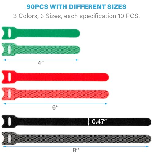 90PCS Reusable Cable Ties - 4+6+8 Inch, Heavy Duty Hook & Loop Straps in Black Red Green, Adjustable & Multi-Purpose Fastening, Color-Coded Wire Ties for Home Office, Garage & Cable Management - color: Black+red+green 4+6+8 In-90 Pcs