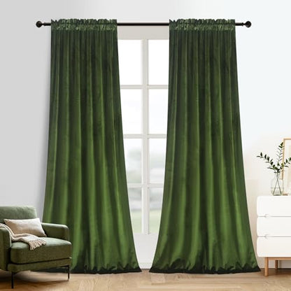 Roslynwood Velvet Moss Green Curtain 63 inch Long - Curtains Room Darkening Thermal Insulated Rod Pocket Window Panels Drapes for Bedroom/Living Room,W52 x L63, 2 Panels - color: Moss Green, size: 52"W x 63"L (Pack of 2)