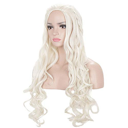 Long Blonde Braided Cosplay Wig Womens Blond Wavy Curly Synthetic Hair Wigs for Halloween Costume Party(Light Blonde) - color: Light Blonde, size: Long