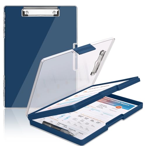 SFLHHDM Clipboard with Storage,Heavy Duty Clip Boards 8.5x11 with 2 Storage Case,Clear Visible Panel Storage Clipboards,Side Opening Nursing Clipboard Folder for Office Supplies (Dark Blue) - color: Dark Blue