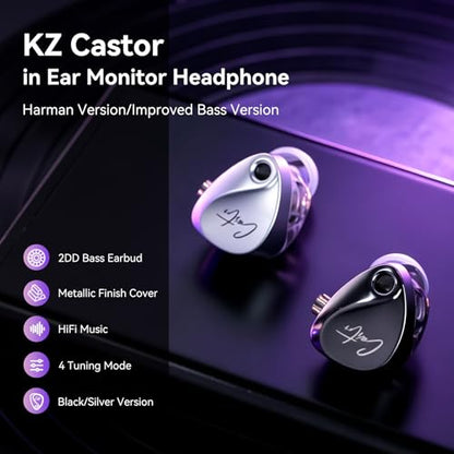 KZ Castor in Ear Monitor Headphones, HiFi Harmen Wired Earphone Sound Tunable Noise Isolating IEMs, Dual-Dynamic Driver Wired Earbuds, 2PIN-C Detachable Cable for Singers Musicians - color: Silver, style: no Mic