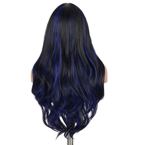 Quantum Love Long Curly Blue Wig for Women 28 Inch Long Wavy Wigs Black Mix Blue Natural Looking Synthetic Fashion Color Hair for Cosplay Halloween Daily - color: Mix Blue