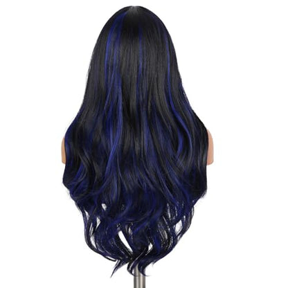Quantum Love Long Curly Blue Wig for Women 28 Inch Long Wavy Wigs Black Mix Blue Natural Looking Synthetic Fashion Color Hair for Cosplay Halloween Daily - color: Mix Blue