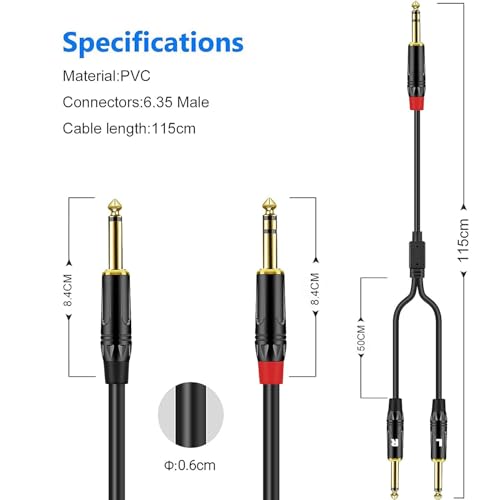 1.6 FT 1PACK 1/4 Inch TRS Stereo Y Splitter Insert Cable, Gold Plated Audiowave Series 6.35mm Male to Dual 6.35mm TS Male Mono Breakout Cable, Audio Cord - size: 1.6 FT