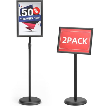 GUOHONG 2Pack Sign Stand 8.5x11 Inch, Adjustable Floor Standing Sign Holder | Heavy Duty Poster Stand Aluminum, Snap Open Frame, 360° Rotation Vertical Horizontal, Round Base for Mall, School, Restaurant