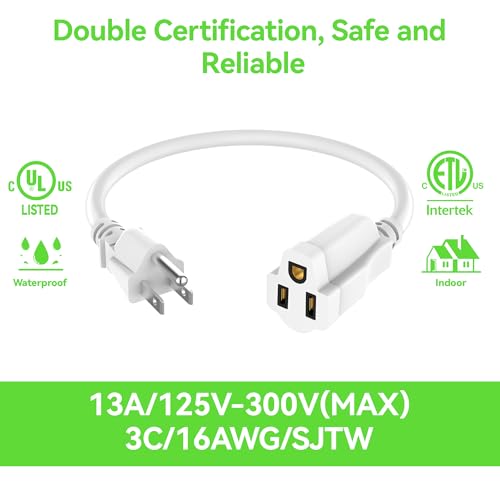 Power Extension Cord 1FT/12Inch, Short 3 Prong Electric Extension Cable Outlet Saver, Single Outlet, Outdoor and Indoor, Heavy Duty, Waterproof, Flexible, 16 AWG, SJTW, 13A 125V Extender Wire(White) - size: 1 FT
