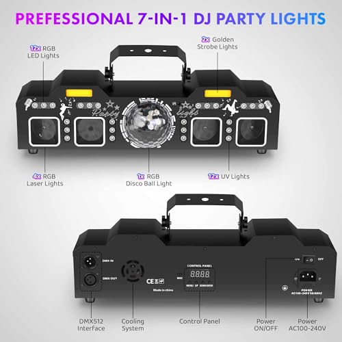 DJ Light with Stand,7IN1 DJ Disco Party Light with Stand&Carry Bag RGB Par Lights,Rotating Ball,Strobe,UV Lighting by DMX Sound Activated Remote Control for Parties Gig Bar Stage