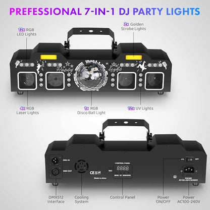 DJ Light with Stand,7IN1 DJ Disco Party Light with Stand&Carry Bag RGB Par Lights,Rotating Ball,Strobe,UV Lighting by DMX Sound Activated Remote Control for Parties Gig Bar Stage