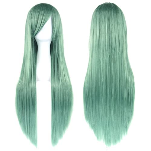 80cm Long Straight Natural Hair Cosplay Wigs with Bangs Colorful Halloween Costume Party Wig for Women (Light Green) - color: Light Green