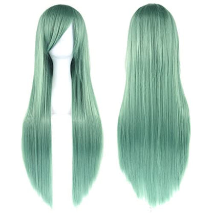 80cm Long Straight Natural Hair Cosplay Wigs with Bangs Colorful Halloween Costume Party Wig for Women (Light Green) - color: Light Green