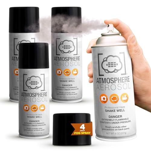 4 Pack Atmosphere Aerosol Haze/Fog Spray for Photography - Safe & Portable Mini Fog Machine Alternative - Smoke and Light Ray Effects Maker for Indoor and Outdoor, No Battery - Made in The USA - size: 4 pack
