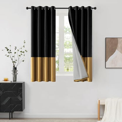 BULBUL Black Gold 100% Full Blackout Velvet Curtains,63 inches Long Modern Liner Curtains Thermal Drapes Panels for Living Room Bedroom Grommet Set of 2 - color: Black & Gold, size: 52"W x 63"L (Pack of 2)