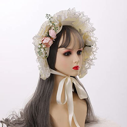 COSDREAMER Girls Women Victorian Bonnets Lace Flowers Tea Party Hats - color: White