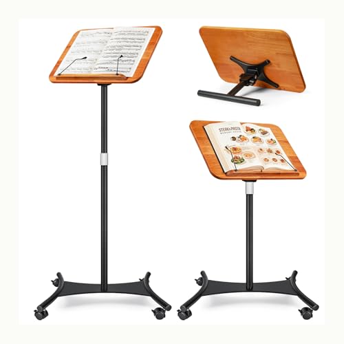2-in-1 Dual-use Floor & Desktop Music Stand, Adjustable 16.5"-51" Book Stand, Solid Wood Sheet Music Holder, Floor Book Stand with Elastic Page Clip for Cookbooks, Laptop (Natural Wood with Wheel) - color: Natural Wood With Wheel