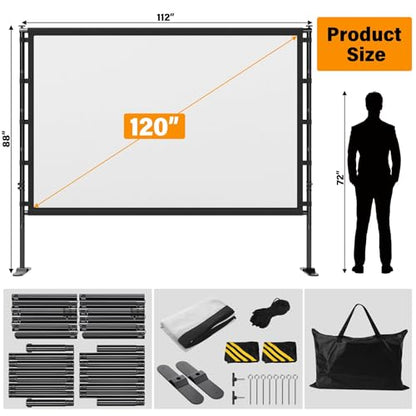 Outdoor Projector Screen with Stand 120 Inch, 16:9 Portable 4K HD Indoor Movie Screen, Large Double-Sided Washable Screen with Carry Bag, Sandbags for Backyard, Camping, Home Theater - size: 120 in