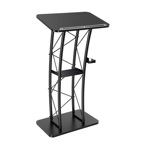 LOYALHEARTDY Black Curved Podium, Truss Metal Pulpit Lectern with A Cup Holder Durable Powder Coat Finish Conference Pulpit Podium for Church School Lectern 47-inch