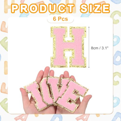 MECCANIXITY Chenille Letter Patches 3.1" Alphabet H Iron on Embroidered Patch Sew on Letter Stickers Applique for Repairing Clothing Jeans Shoes Hats DIY(Pink, Pack of 6) - style: Letter-H