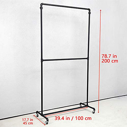 Industrial Pipe Clothing Racks on Wheels Double Hanging Rod Metal Clothing Rack,Heavy Duty Commercial Display Garment Rack,Vintage Retail Rack Hanging Weight Rack, Metal Ballet Rolling Racks,Black