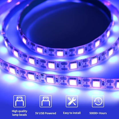 iNextStation UV Black Led Strip Lights 6.56FT 395nm-405nm 5V USB Waterproof | SMD5050 UV Black Light Suitable for DIY 3D Print Curing, Flexible LED Tape Lights for UV Poster, UV Body Paint, Party Decor
