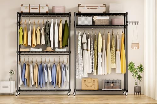 Heavy Duty Rolling Wheels Portable Metal Garment Rack, | 3 Tiers Wire Shelves Adjustable Freestanding Clothing Rack with Lockable Wheels, 47.2''L x 15.8''W x 78.8''H, Max Load 650LBS - color: Black, size: A2W: 3 Tiers with 2 Rods,47''L x 16''W x 79''H
