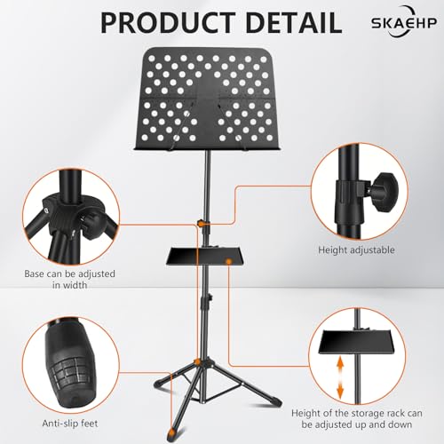 Sheet Music Stand, Metal Portable Music Stand | XL Sheet Music Folder 17" x 14", Carrying Bag, Phone Holder, Light and Clip