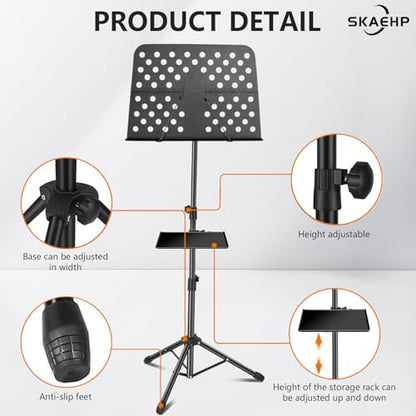Sheet Music Stand, Metal Portable Music Stand | XL Sheet Music Folder 17" x 14", Carrying Bag, Phone Holder, Light and Clip