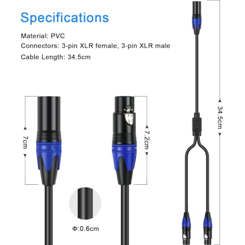 2Pack XLR Y Splitter 1 Male to 2 Female XLR Y Splitter Micrphone Cable,(11.8 inches) 3pin Male to Dual Female Y-Splitter Balanced Mic Audio Cables for Stereo Mic to L & R Audio Track - size: 1ft-2Pack