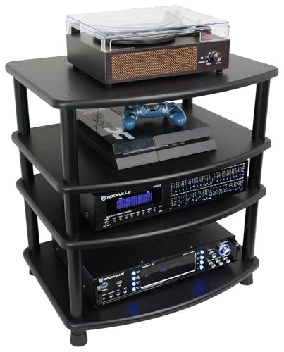Rockville FLX Black Adjustable Height 4 Shelf Home Theater Audio Rack Stand, 24"x18", 300lb Limit, Steel Tubes, Perfect for Home Theaters, Studios | 300 lb Capacity, 24"x18" MDF Shelves, Expandable, Lockable Casters, Carpet Spikes, Rubber Feet, Open-Air V