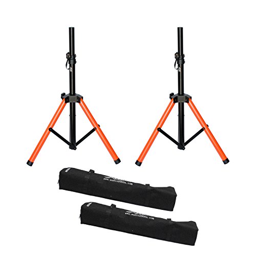 Audio2000'S AST439A Dual-Pack Short Tripod PA Speaker Stands with High-Visibility Orange Tripod Base for Added Safety and Style and with 2 Durable Canvas Carrying Bags for Storage and Transportation