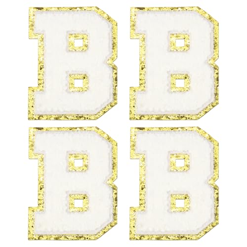 MECCANIXITY Chenille Letter Patches 3.1" Alphabet B Iron on Embroidered Patch Sew on Letter Stickers Applique for Repairing Clothing Jeans Shoes Hats DIY(White, Pack of 4) - style: Letter-B