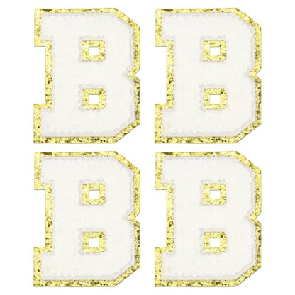 MECCANIXITY Chenille Letter Patches 3.1" Alphabet B Iron on Embroidered Patch Sew on Letter Stickers Applique for Repairing Clothing Jeans Shoes Hats DIY(White, Pack of 4) - style: Letter-B