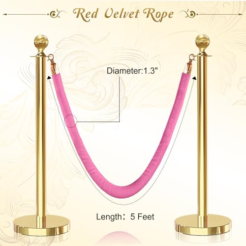 4PCS Pink Velvet Stanchion Rope 5 Ft Crowd Control Ropes Barrier with Gold Hooks for Party - color: Pink&gold, size: 4PCS
