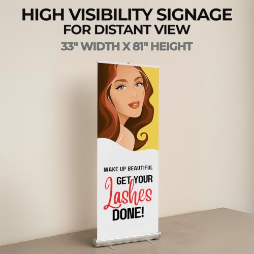 Lashes & Brows Retractable Stand Banner by DC | 33"x81" Roll-Up Display | Wake Up Beautiful Get Your Lashes Done Vertical Pull-Up Banner for Trade Shows & Events | Made in USA | (Stand Not Included) - color: Wake Up Beautiful Get Your Lashes Done, size: R
