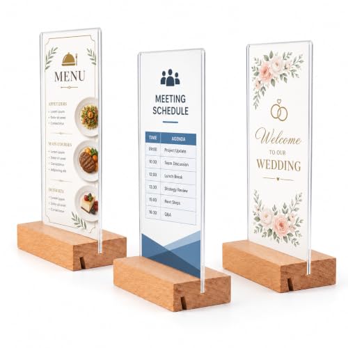 Acrylic Sign Holder 8.5 x 11, Wood Base, 3 Pack Double-Sided Clear Stand