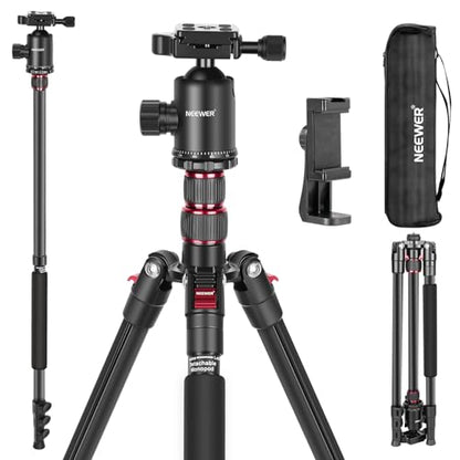 NEEWER 77 Inch Camera Tripod Monopod for DSLR & Phone, Aluminum, TP77 | 360° Panoramic Ball Head, 2 Axis Center Column, Arca Type QR Plate, Bag, Compact Lightweight Travel Tripod, 34lb Max Load - style: Travel Tripod