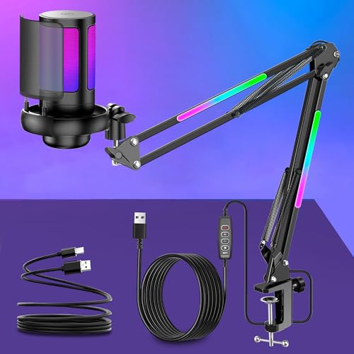 KingSom Gaming USB Micrphone,Noise Cancellation Condenser Mic,RGB Boom Arm | Podcast Microphones RGB Computer Mic,Streaming Microphone with Pop Filter,Mute Button,Gain for Recording,Discord,Youtube
