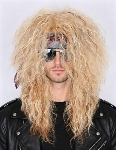 Topcosplay Men Women Blonde 80s Wigs Long Curly Rocker Disco Halloween Costume Mullet Wig - color: Blonde-458/33