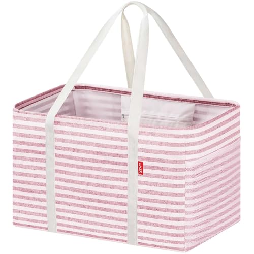 LHZK Standing Utility Tote Bag with Metal Wire Frame and the Sides Rinforced, Large Tote Bag with Handle, Reusable Grocery Bags Foldable, Beach Bag, Car Tote (Pink, 18.5''x11.8''x11.5'') - color: Pink, size: 18.5''x11.8''x11.5''-1 Pack