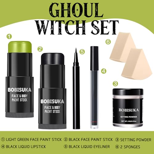 BOBISUKA Light Green & Black Face Body Paint Stick Kit with Black Lipstick & Eyeliner Pen, Setting Powder & 2 Sponges – Halloween Makeup Set for Beetle Juice, Demon, Monsters, Witches & Gothic Looks - color: Light Green & Black Painting Stick Set