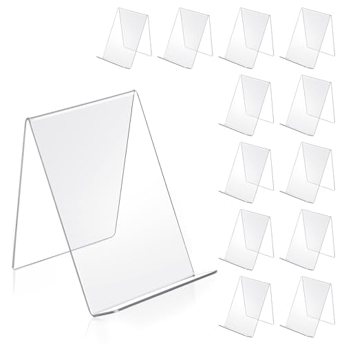 12 Pack Acrylic Book Stand, 4x5 Inch Clear Book Display Easel Clear Acrylic Holder for Displaying Picture，Notebooks,Music Sheets Artworks,CDs
