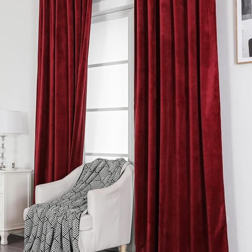 Benedeco Burgundy Red Velvet Blackout Curtains 52x63, Back Tab, 2 Panels | Elegant Room Darkening Thermal Insulated Energy Saving Noise Reducing Velvet Window Drapes for Living Room, Bedroom