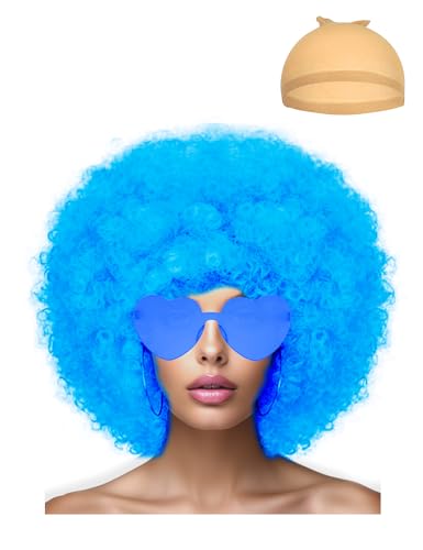 LIULIUBTY Short Bob Hair Wigs Straight with Flat Bangs Synthetic Colorful Cosplay Daily Party Neon Wig for Women + Free Wig Cap 12" Natural As Real (Afro, Blue) - color: Afro, Blue