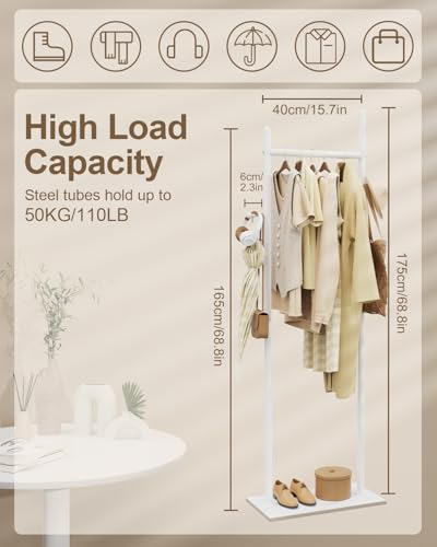 Coat Rack Freestanding, Clothes Rail, 19.7x11.8x68.9 In, White | Modern Garment Rack with 2 Hooks and Heavy Rock Slab Base, Industrial Metal Clothing Hanger Stand for Entryway, Living Room - color: White, size: 11.8 x 19.7 x 68.9 In